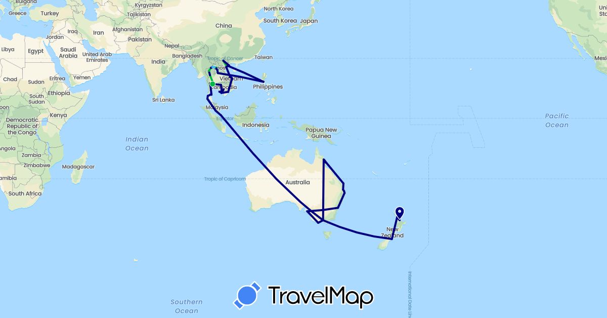 TravelMap itinerary: driving, bus, plane, boat in Australia, Cambodia, Laos, Malaysia, New Zealand, Philippines, Singapore, Thailand, Vietnam (Asia, Oceania)